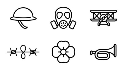 World War 1 Icons Set: Helmet, Gas Mask, Biplane, Barbed Wire, Poppy, Bugle © Arif