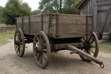 Obraz premium Wooden farm wagon parked on dirt path near barn in rural setting