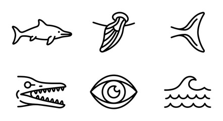 Minimalist Marine Icons Set, Ocean Life Symbols, Underwater Creatures Vector Graphics © Arif