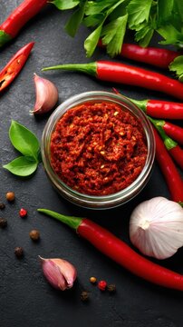 A vibrant display of spices and herbs, featuring chili peppers, garlic, and a jar of red paste
