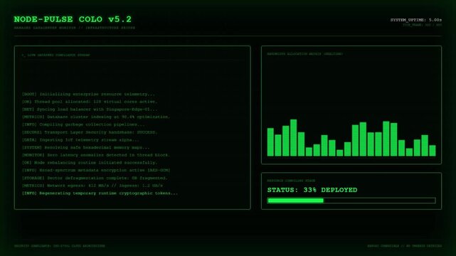Futuristic Node Pulse Colo Managed Datacenter Monitor Infrastructure Secure Green UI Dashboard Screen Display.