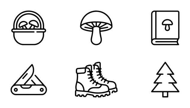 Mushroom Foraging Icons Set: Basket, Boots, Knife, Book, Tree, Fungi Graphics