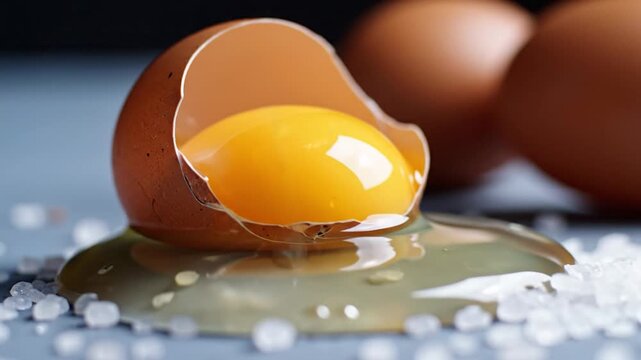 Raw egg yolk pouring into a cracked brown shell on a dark surface with coarse salt crystals