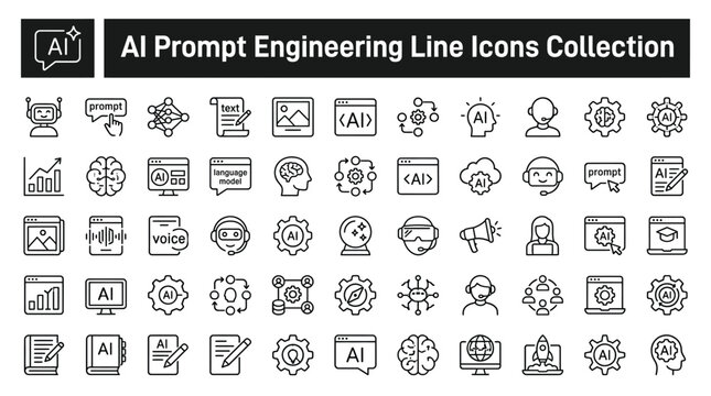 Ai prompt engineering line icons collection, artificial intelligence and machine learning symbols