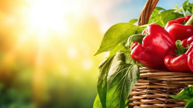 A woven basket filled with bright red peppers rests in a sunlit outdoor setting
