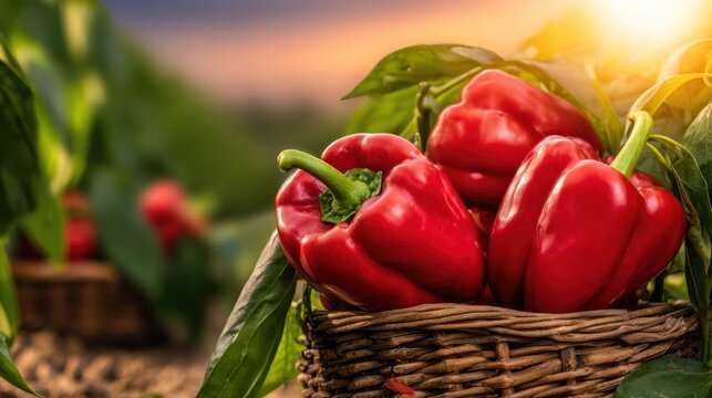 Vibrant red bell peppers in woven baskets surrounded by lush green foliage and a glowing sunset