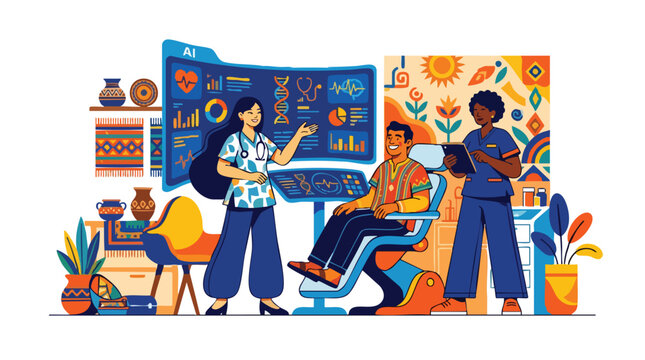 Diverse Healthcare Professionals Utilizing Advanced AI Analytics in a Culturally Sensitive Clinic Setting to Improve Patient Health Equity and Digital Wellness
