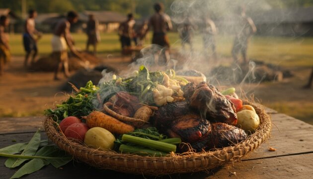 Traditional earth oven feast with hot steaming roasted meat and vegetables served on woven platter in village