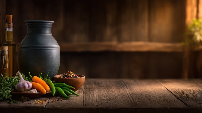A rustic wooden table adorned with a clay pot, fresh vegetables, herbs, and spices in natural light