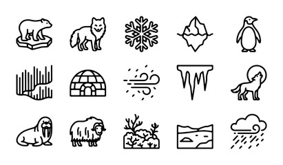Arctic Icons Set: Polar Bear, Penguin, Igloo, Aurora, Iceberg, Snowflakes, Wildlife, Weather © Nazmul