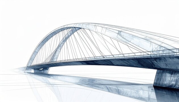 Modern cable stayed arch bridge spanning calm water in minimalist architectural concept representing engineering innovation and transport