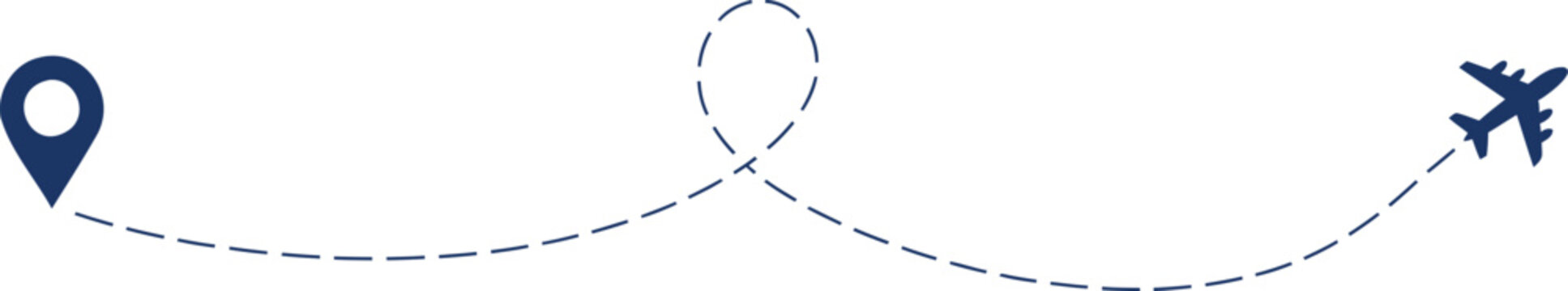 Airplane flight path with location pin in blue