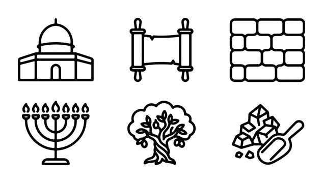 Jewish Symbols Vector Icons: Menorah, Torah Scroll, Dome, Tree, Bricks, Gold