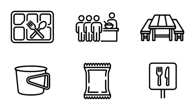 Cafeteria Food Service Icons, Dining Hall Symbols, Meal Tray & Picnic Table Vector Graphics