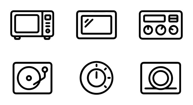 Kitchen Appliance Icons, Microwave, Oven, Turntable, Timer, Vector Graphics for Food and Technology