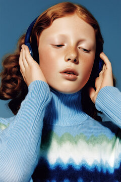Portrait of a young ginger girl with freckles listening to music with headphones against blue background