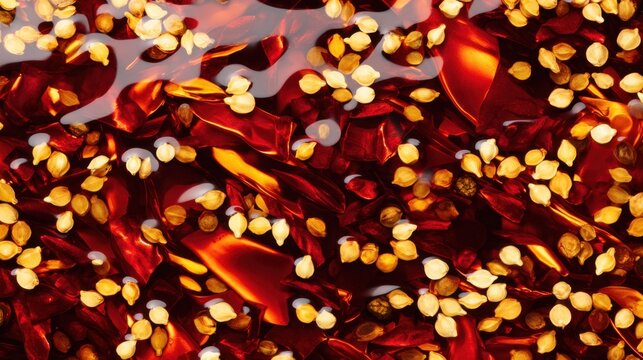 A vibrant close-up of red chili flakes and seeds floating in shiny, rich oil