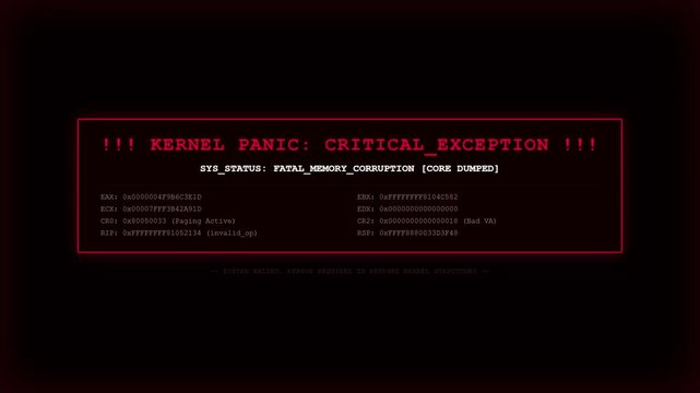Futuristic Kernel Panic Critical Exception Fatal Memory Corruption Red UI Terminal Warning Screen Display.