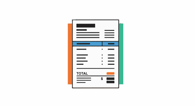 Flat design illustration of a bill or receipt with itemized lists and a total