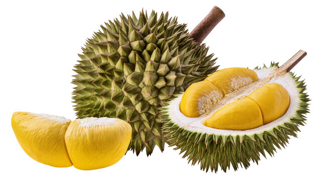 Whole and cut durian fruit with yellow flesh and spiky green rind