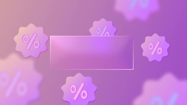 Glassmorphism percent discount sign banner on pink and purple pastel background, 4k 60fps seamless loop animation.