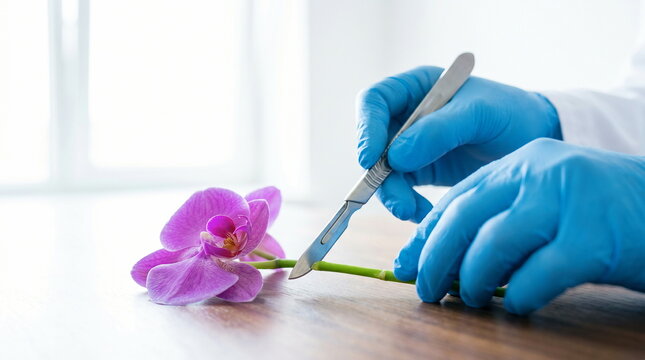 Orchid delicate stem dissected by gloved hands with scalpel on wooden lab table, botanical research and scientific precision.