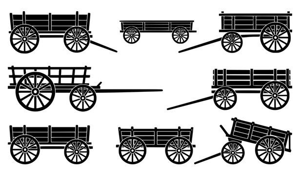 Vintage Wooden Wagon and Horse Cart Silhouette Icon Collection for Agriculture, Rural Village Life, Old West Transport, and Heritage Graphic Designs