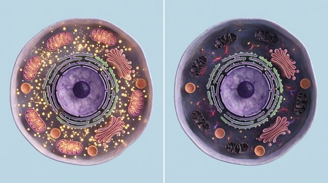 Comparison of healthy and dysfunctional mitochondria within animal cells showing energy production and cellular decay in 3D render