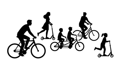 Obraz premium Active Family Silhouette Set Riding Bicycles, Tandem Bike, and Kick Scooters for Outdoor Eco Friendly Transportation, Fitness, and Weekend Recreation Graphics