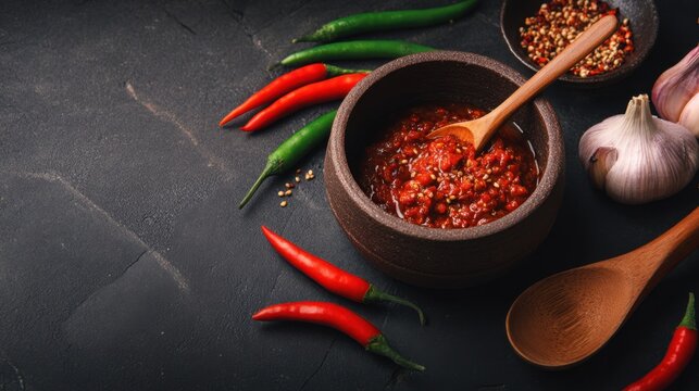 A rustic wooden bowl filled with red chili sauce, surrounded by fresh peppers and garlic cloves