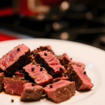 4k high quality Ai generative HD photo realistic background wallpaper food menu restaurant cafe dining beef steak tenderloin sirloin medium rare black pepper butter gravy sauce merica daging
