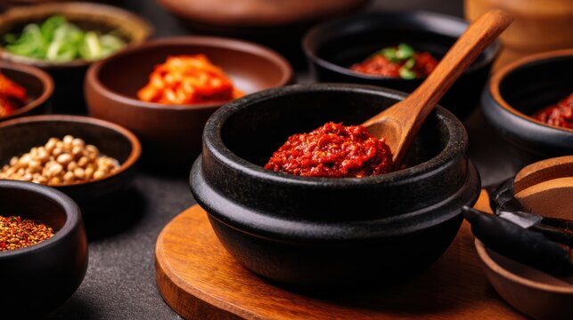 A vibrant display of spices and sauces in bowls, with a wooden spoon highlighting a red paste