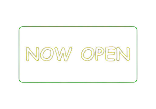 Glowing yellow neon now open sign isolated on transparent background thin rectangular frame minimalist advertising design.