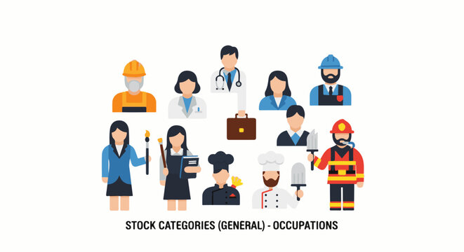 Diverse professionals depicted in a flat icon style for general occupations