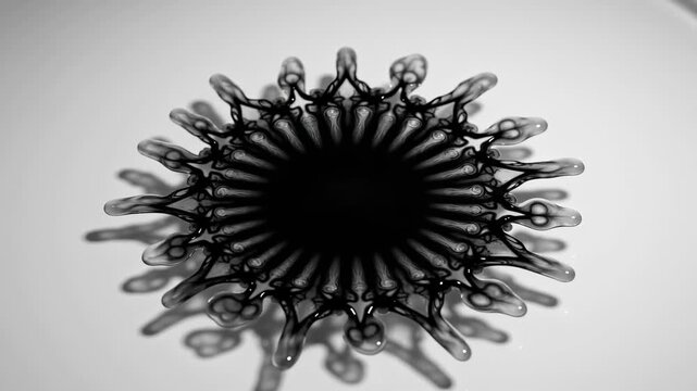 The process shows how a droplet of liquid creates various forms on a flat surface as it moves and expands over time