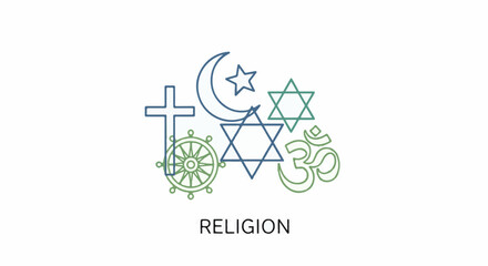 Fototapeta premium Diverse religious symbols and the word religion presented graphically