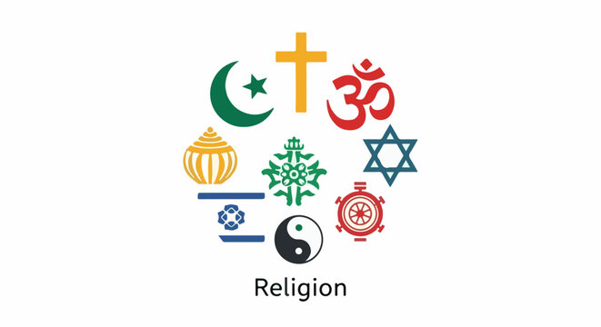 Diverse religious symbols arranged in a circle above the word "Religion