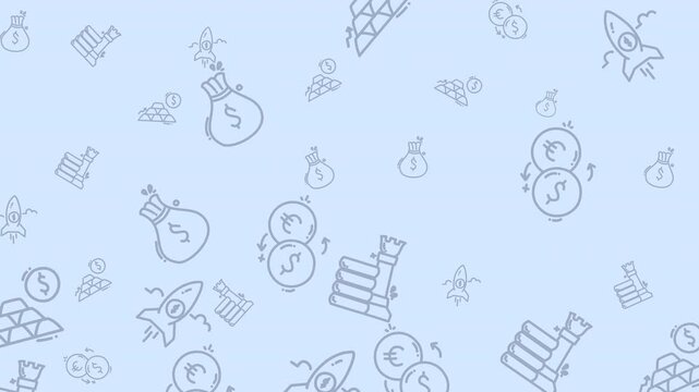 Featuring various financial elements like money bags, rocket ships, euro and dollar coins, gold bars on a light blue background. Suitable for financerelated designs.