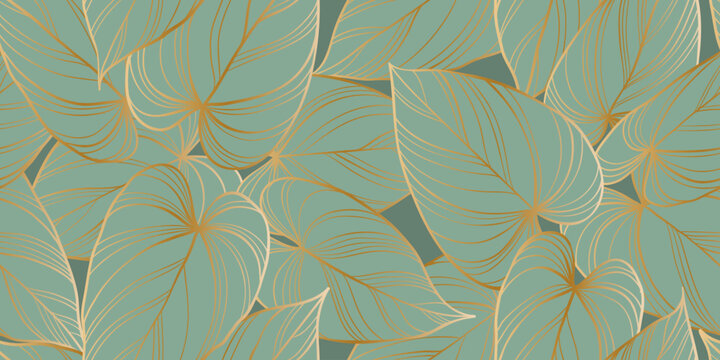 Abstract art vintage colors tropical line art leaves seamless background vector. Wallpaper design with leaves shapes and scribble doodle linear leaf. vintage botanical floral seamless pattern
