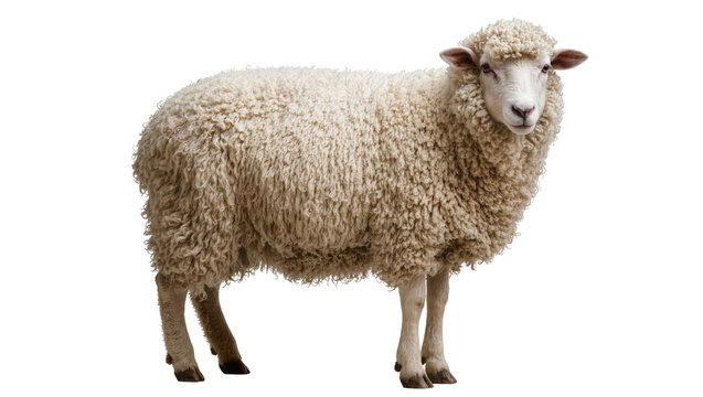 Fluffy woolly sheep standing on white