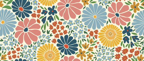 Obraz premium Retro floral seamless pattern with colorful flowers. Vintage groovy aesthetic background for textile design, fabric print, and wallpaper. Ditsy flower power vector illustration