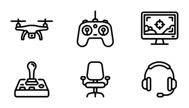 Gaming Icons Set: Drone, Controller, Computer, Joystick, Chair, Headphones