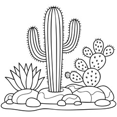 Simple Desert Line Art Illustration With Multiple Cacti and Rocky Ground Composition Isolated on a Transparent or White Background © WeblyWork
