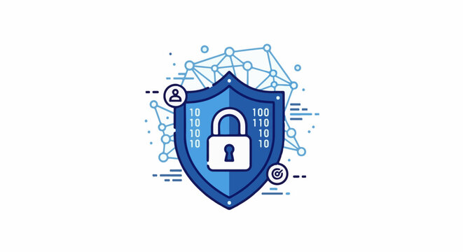 Digital security icon with shield, lock, binary code, and network