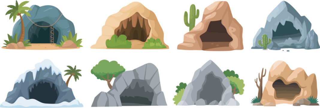 Cave entrance vector illustration set, includes empty stone caves in forest and jungle landscapes with wild rock openings for adventure, exploration, nature, and fantasy themed design projects.