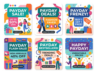 Fototapeta premium Vibrant vector illustrations of people enjoying payday sales and shopping promotions. A playful banner pack for online deals and discounts.