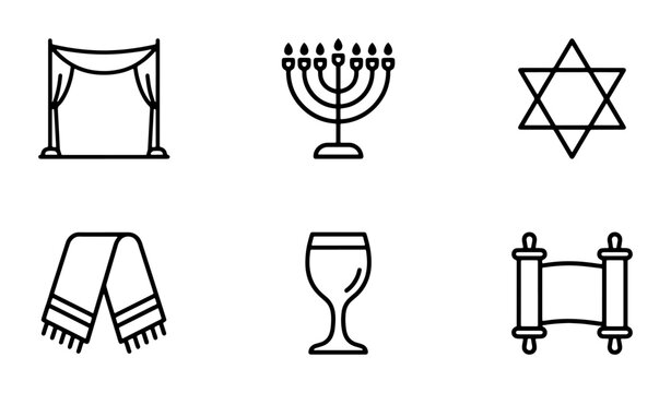 Jewish Symbols Vector Icons: Chuppah, Menorah, Star of David, Tallit, Kiddush Cup, Torah Scroll