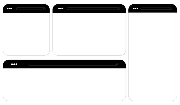 Set of minimalist web browser window mockups with black header bars and search icons, blank screen wireframe templates for UI/UX portfolio presentation and web design 