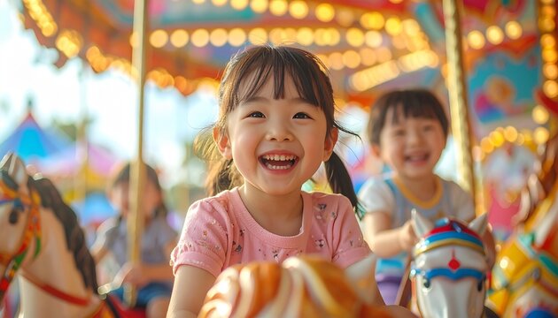 笑顔の子供が遊ぶ夢のテーマパーク風景