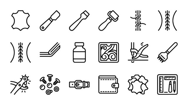Leather Craft Tools & Materials Icons, Leatherworking Supplies, Crafting Equipment, DIY Accessories Set